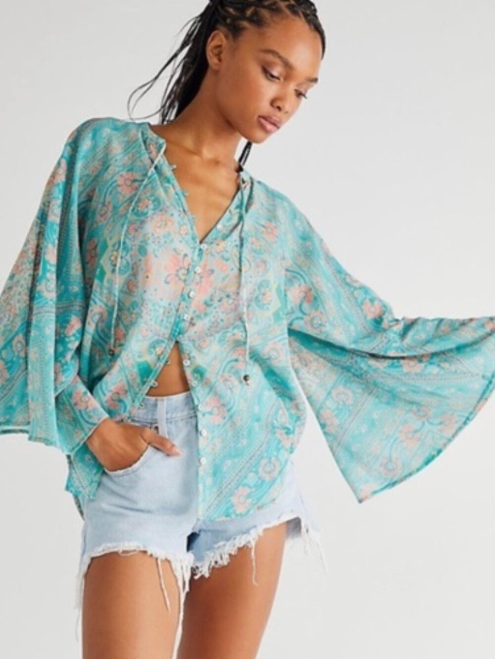 Spell x Free People Farrah Blouse Aqua Small NWOT Boho Floral Bell Sleeve